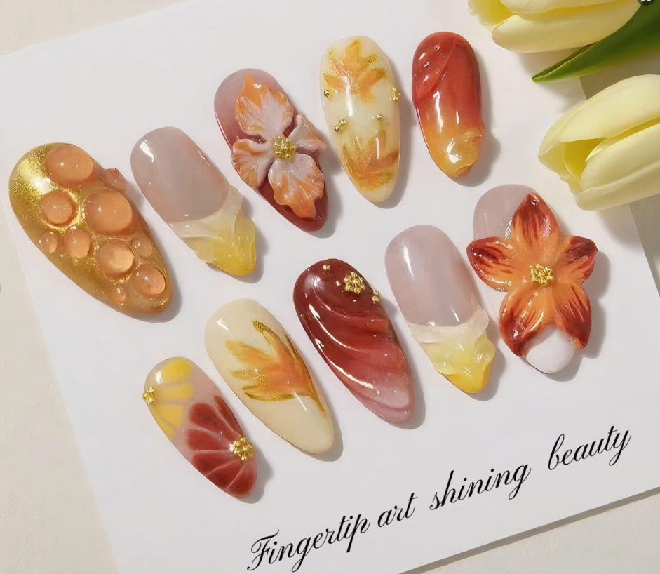 Handmade 3D Autumn Flower Press-On Nails | Red & Gold French