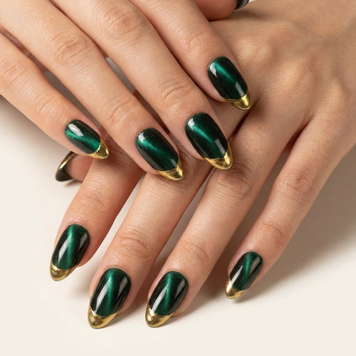Emerald Green Cat Eye Gold Curved French Tip Press On Nails, Glossy Medium Oval Reusable Luxury Fake Nails For Women