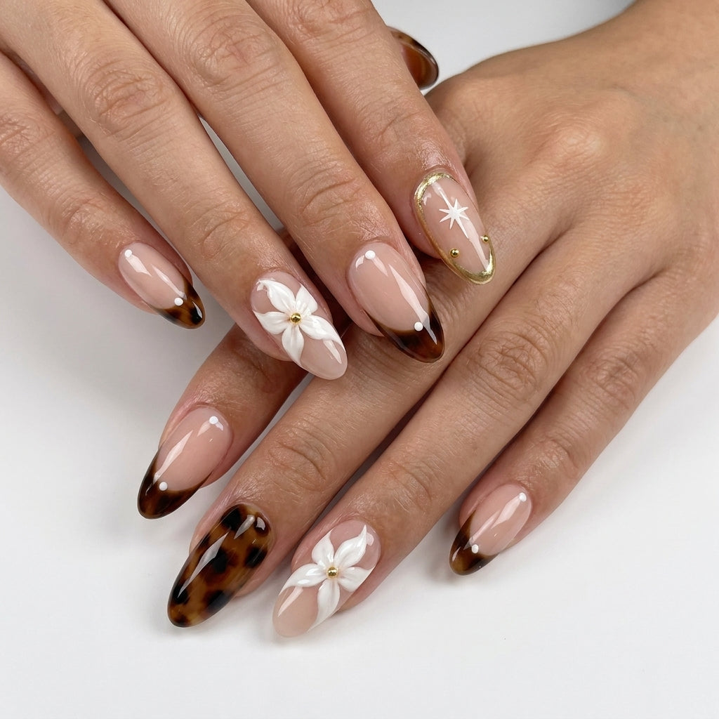 Brown Tortoiseshell French Tip — Glossy Tortoiseshell, Handmade Press-On Nails