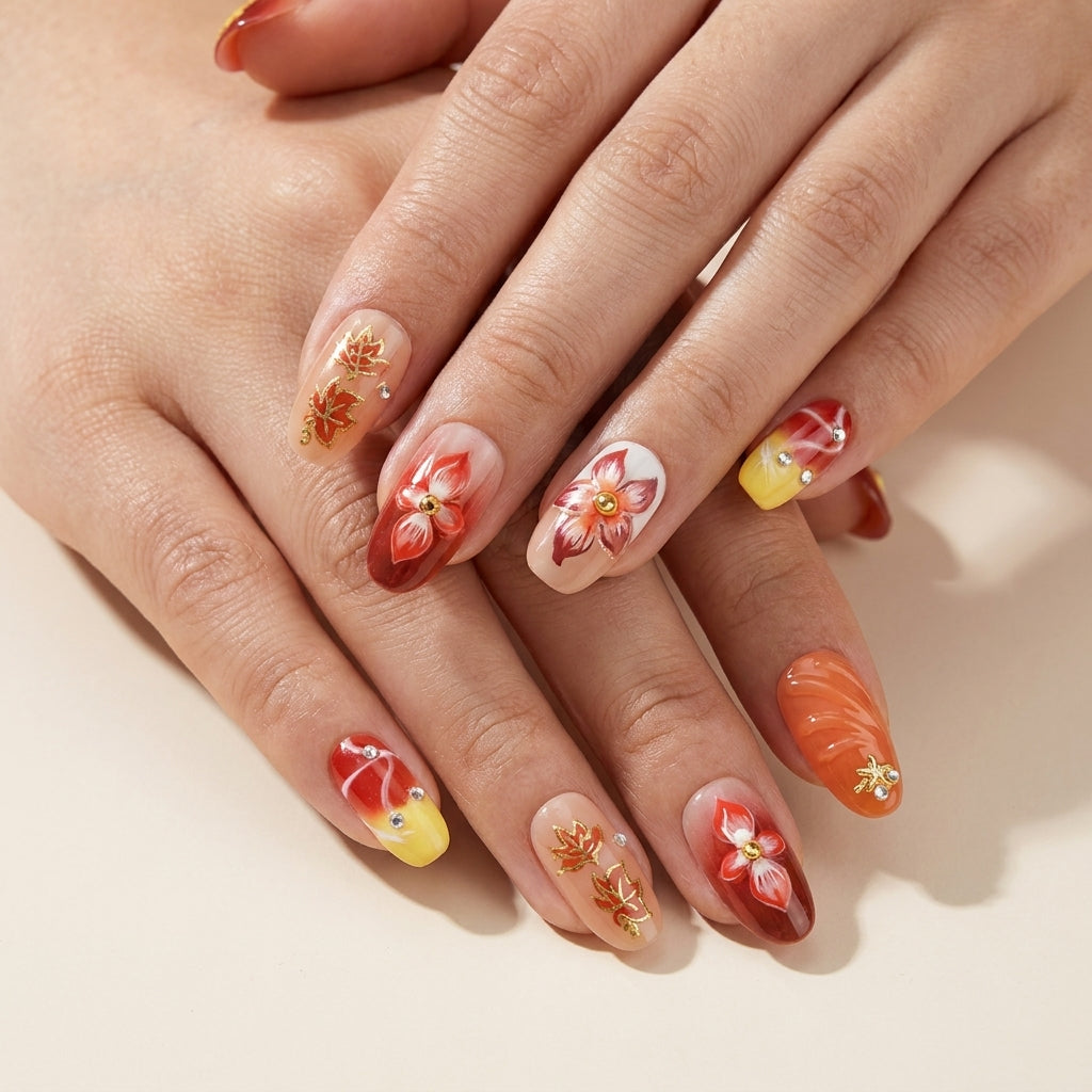 Hand-Painted Maple Leaf Press-On Nails | Fall Orange Gradient