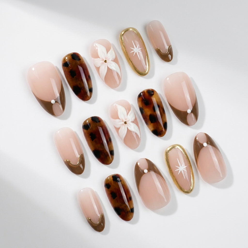 Brown Tortoiseshell French Tip — Glossy Tortoiseshell, Handmade Press-On Nails