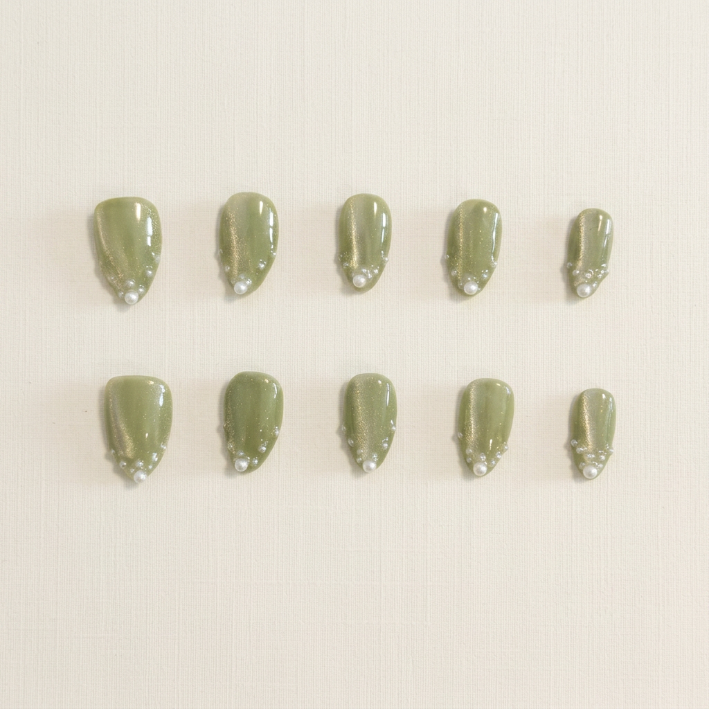 Handmade Sage Green Pearl Cat Eye Press On Nails Medium Almond Reusable Fake Nails