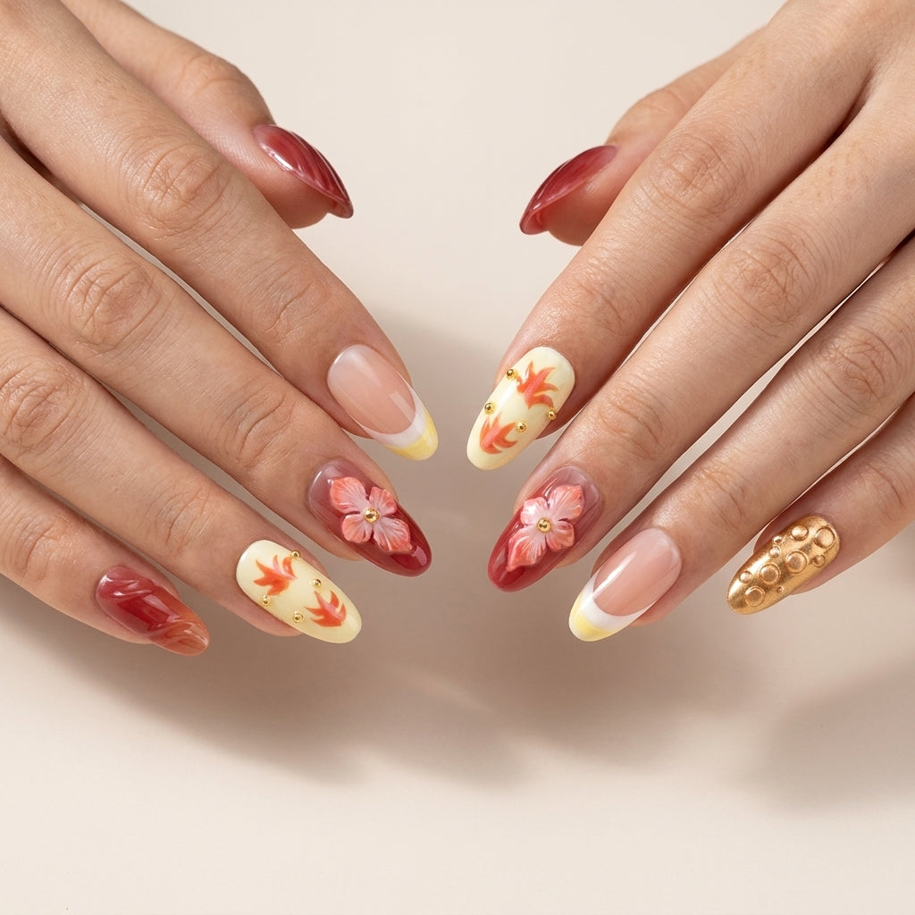 Handmade 3D Autumn Flower Press-On Nails | Red & Gold French