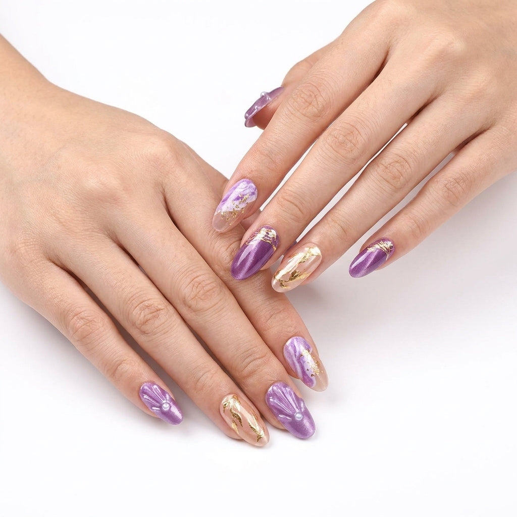 Purple Marble & Gold Foil Press-On Nails | Shell Pearl Detail