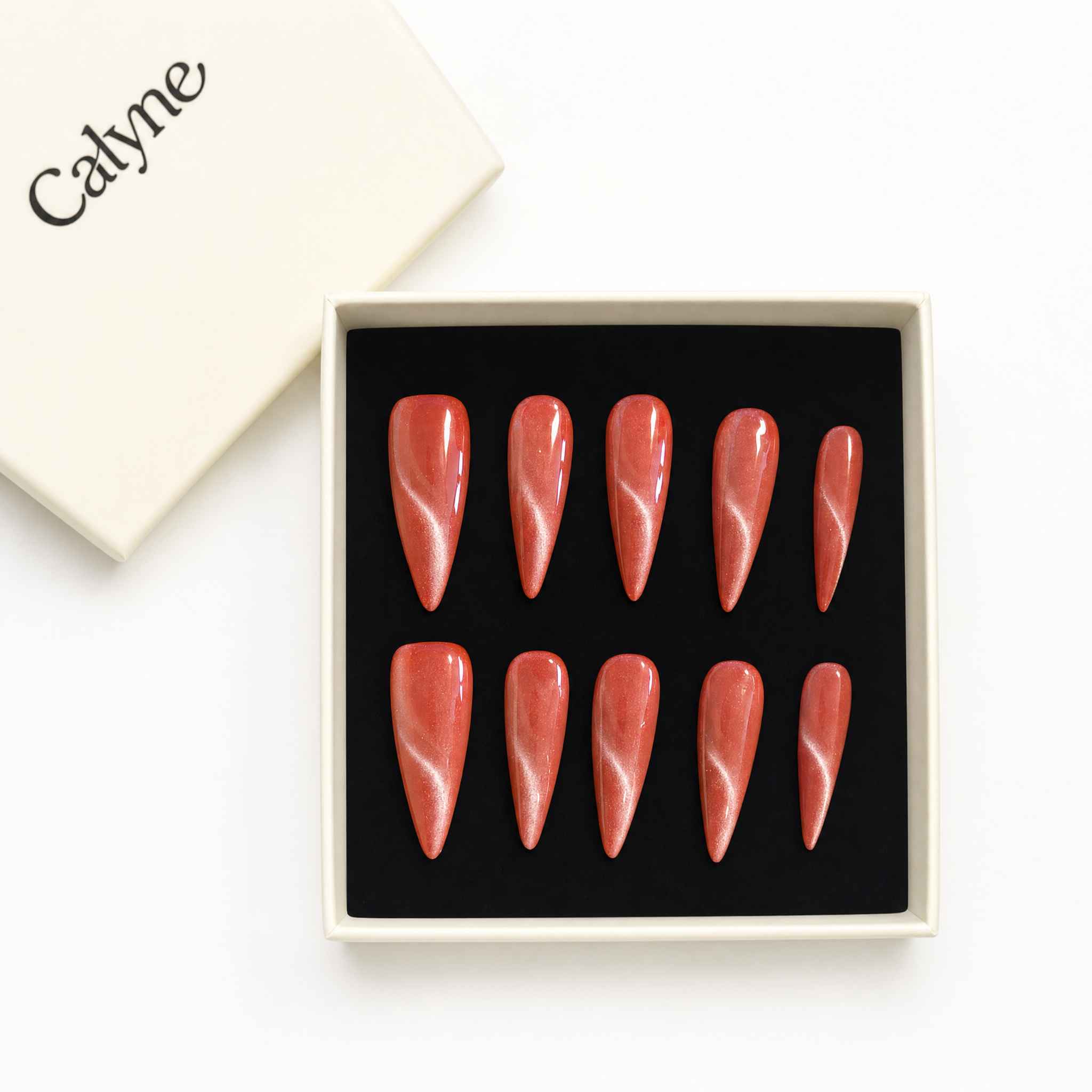 Caramel Orange Cat Eye Stiletto Press-On Nails, Solid Shimmer Reusable Fake Nails, Fall Daily Elegant Press On Nails For Women