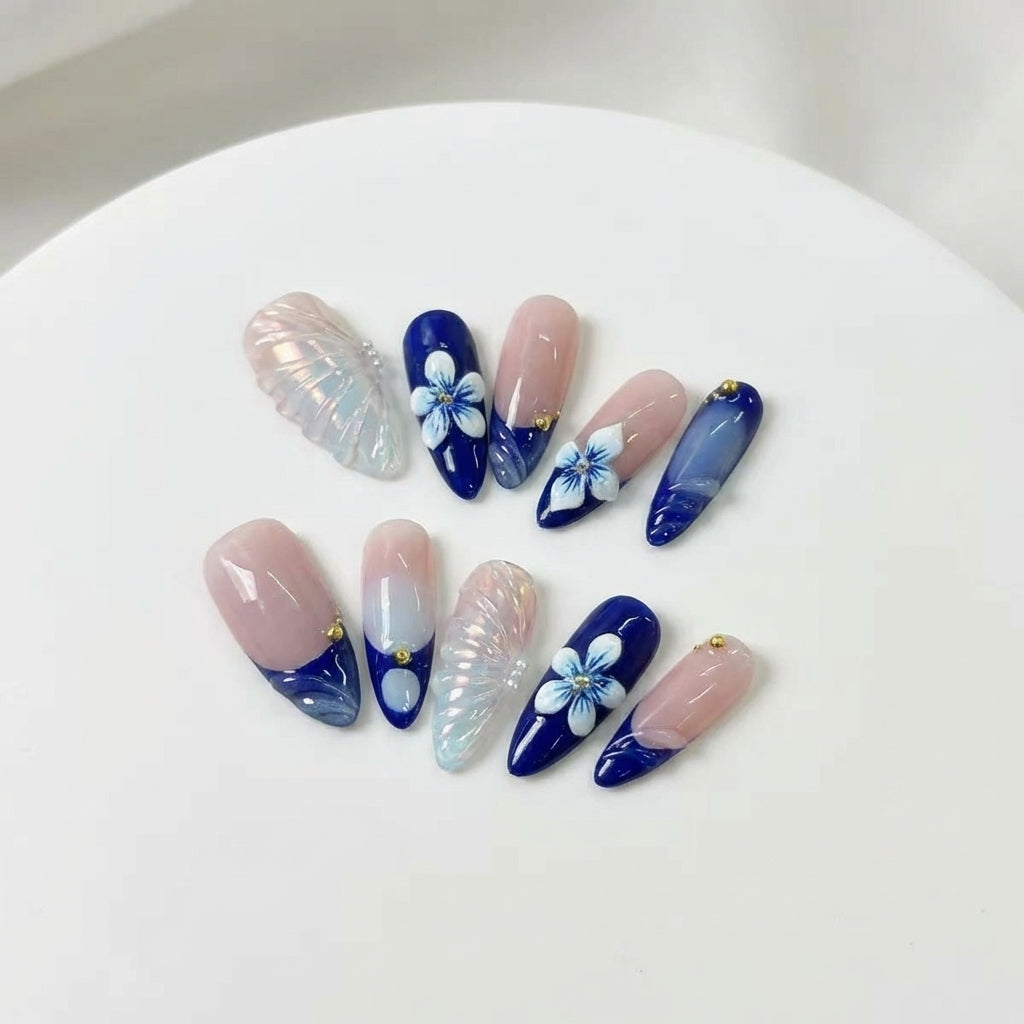 3D Iridescent Butterfly Press-On Nails | Blue Floral Art
