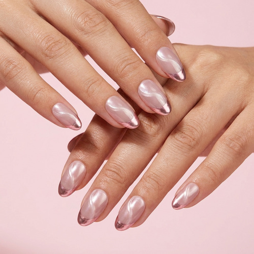 Nude Pink Cat Eye Rose Gold French Tip Press-On Nails, Minimal Glossy Reusable Fake Nails, Elegant Bridal Daily Press On Nails For Women