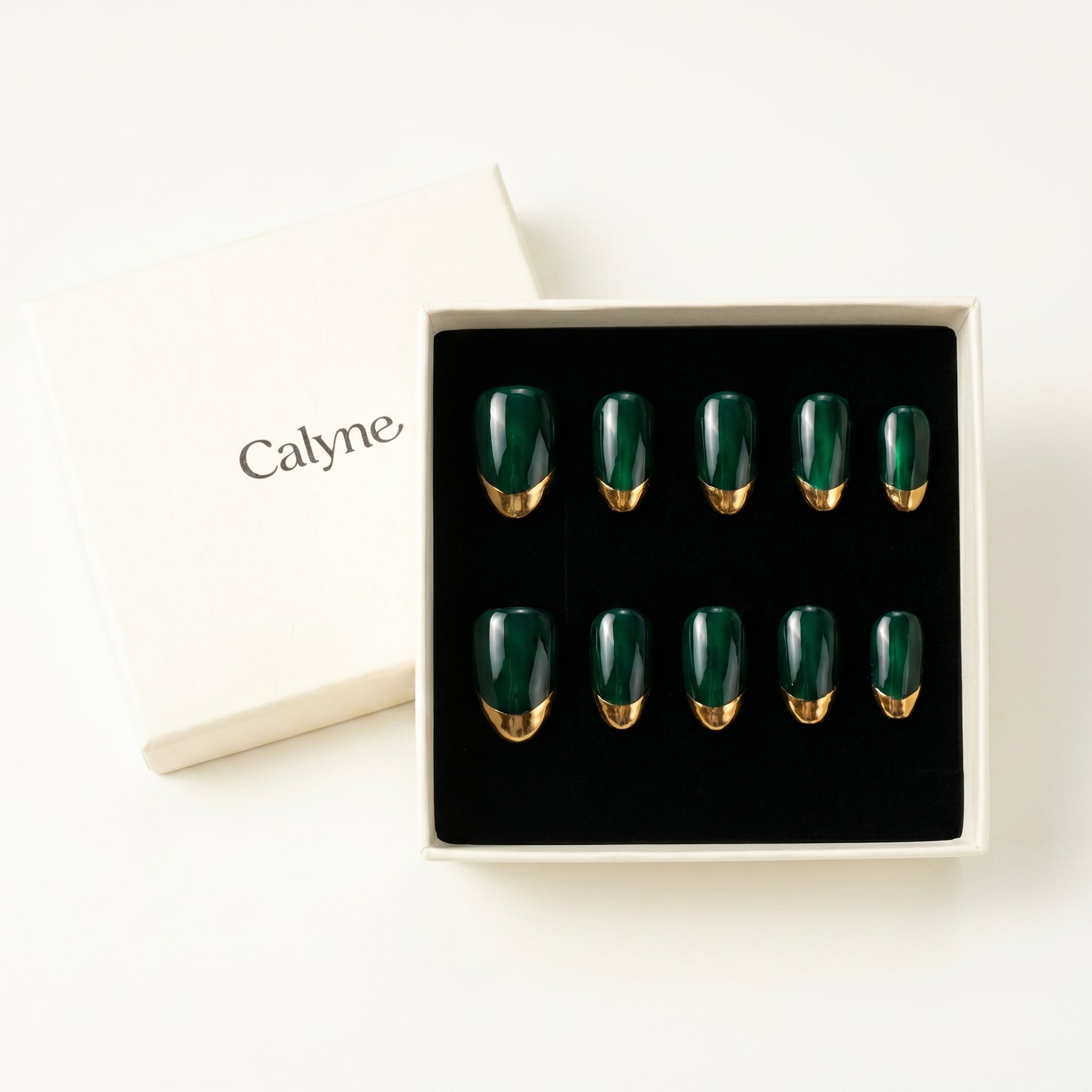 Emerald Green Cat Eye Gold Curved French Tip Press On Nails, Glossy Medium Oval Reusable Luxury Fake Nails For Women