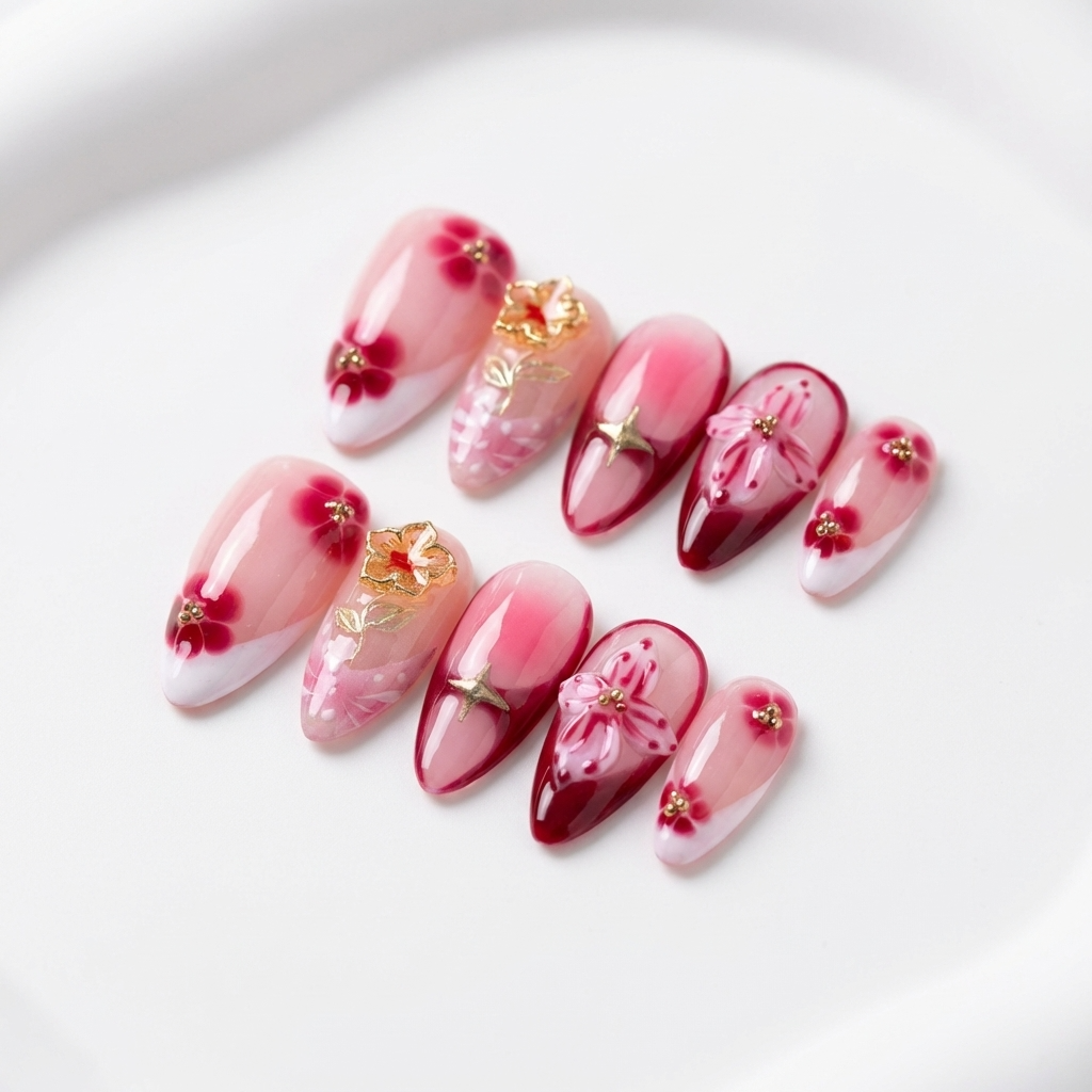 Vintage Red Sakura Press-On Nails | Nude Pink & Gold Star