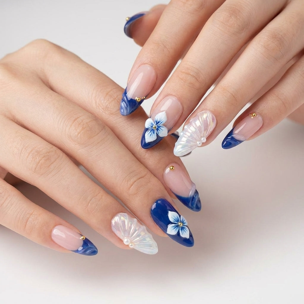 3D Iridescent Butterfly Press-On Nails | Blue Floral Art