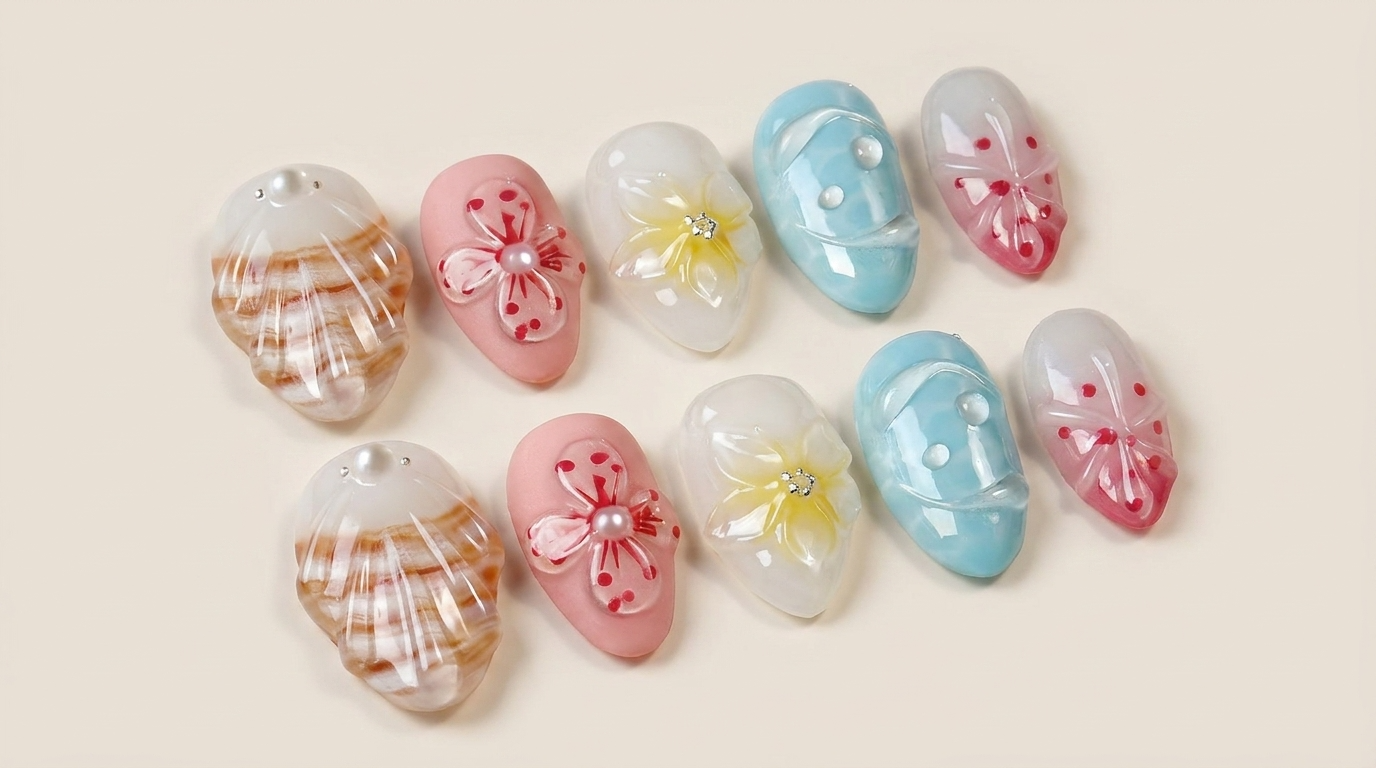 Minimalist Luxury 3D Seashell & Flower Press-Ons, Handmade Summer Ocean Fake Nails, Reusable Romantic Nail Art for Modern Women, Pool Party & Bridal Wear