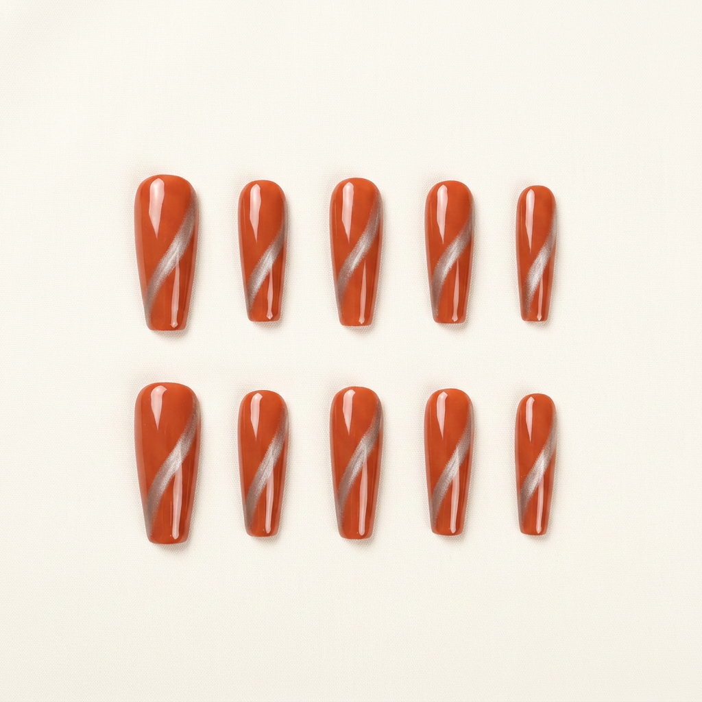 Glossy Burnt Orange Silver Swirl Press-On Nails, Minimalist Solid Color Reusable Fake Nails, Fall Daily Elegant Press On Nails For Women