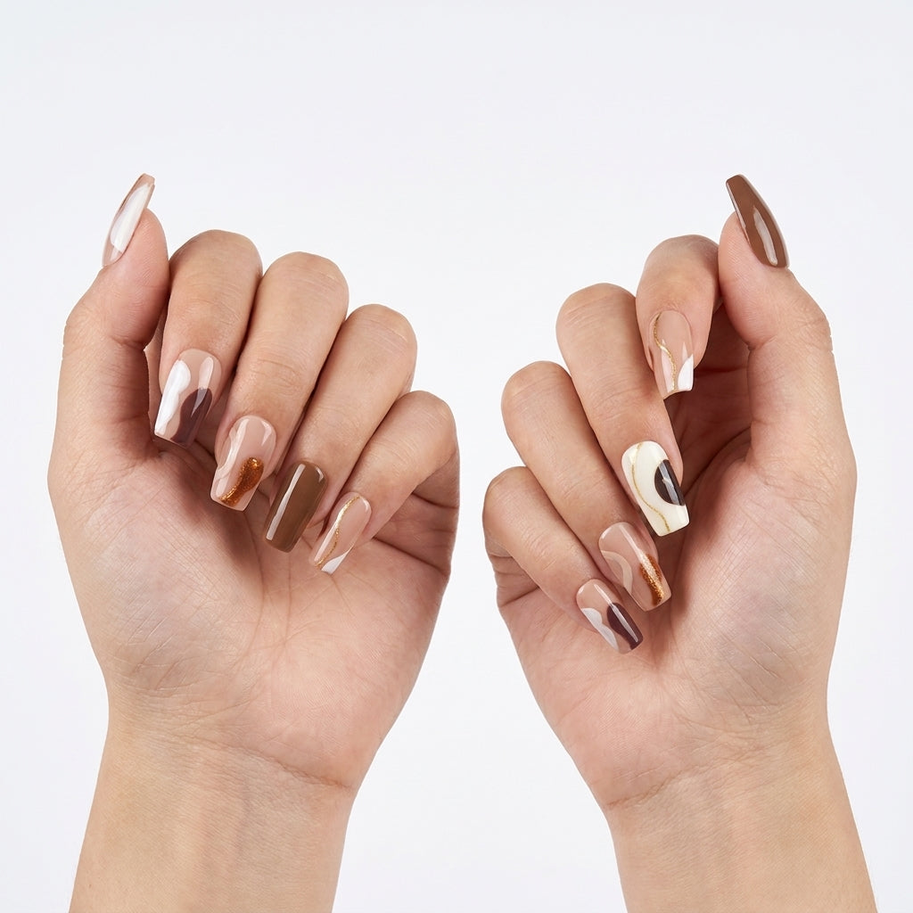 Handmade Abstract Marble Press-On Nails | Chocolate Brown & Cream Gold
