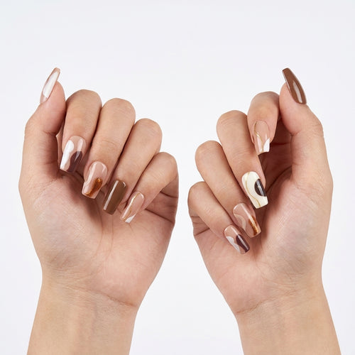 Handmade Abstract Marble Press-On Nails | Chocolate Brown & Cream Gold