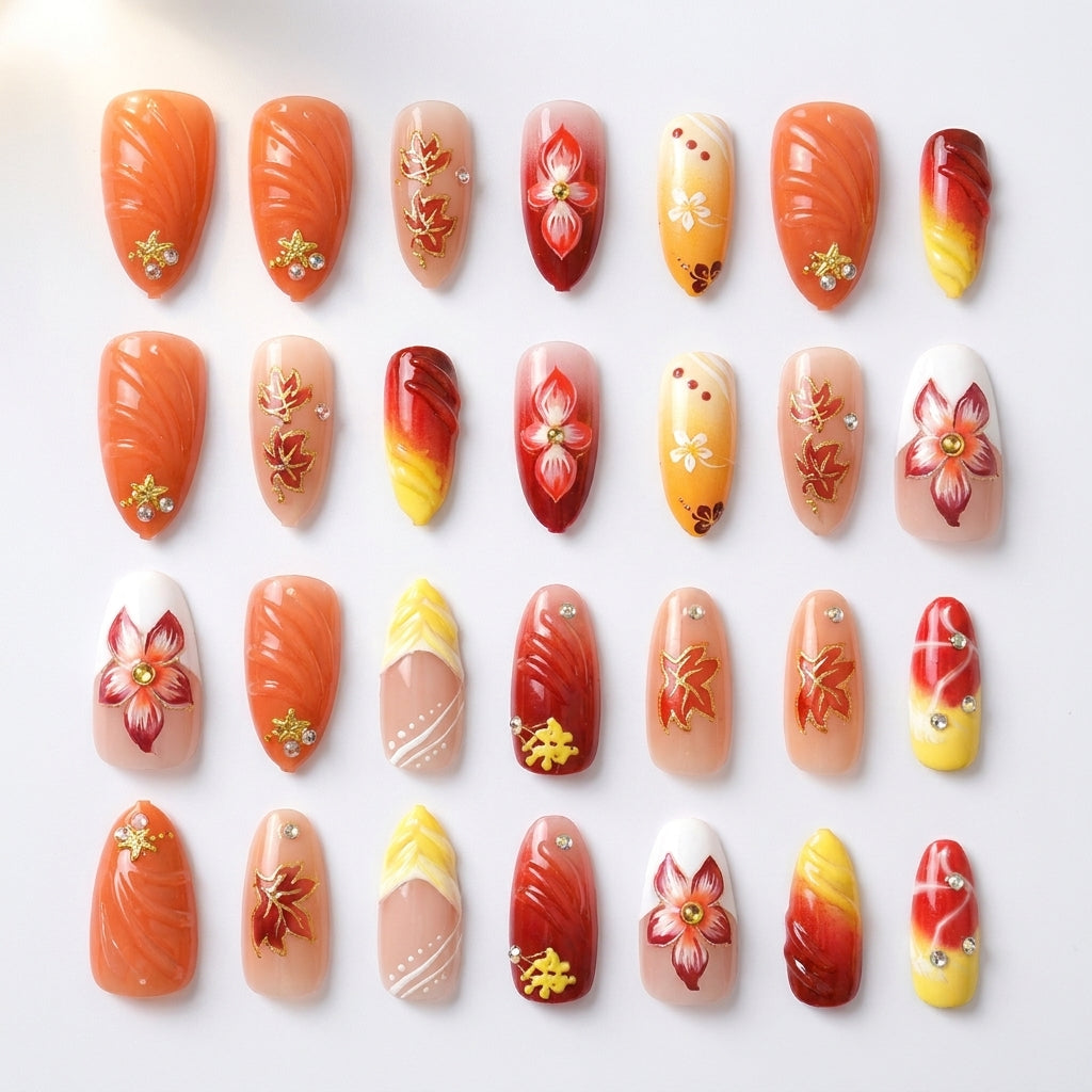 Hand-Painted Maple Leaf Press-On Nails | Fall Orange Gradient