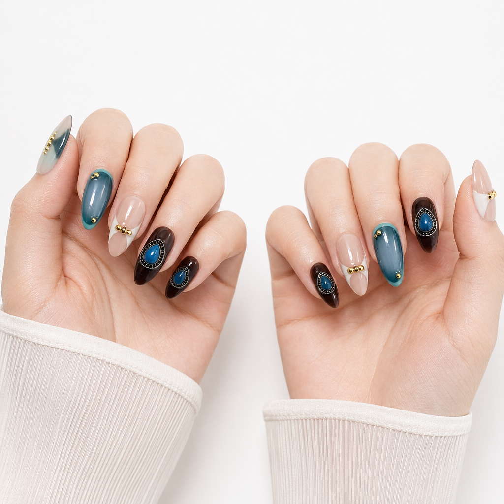 Bohemian Turquoise Gem Press-On Nails | Teal & Brown Gradient