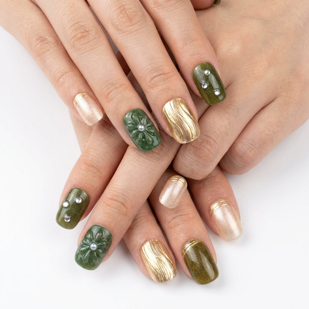 Handmade 3D Green & Gold Press-On Nails | Vintage Floral