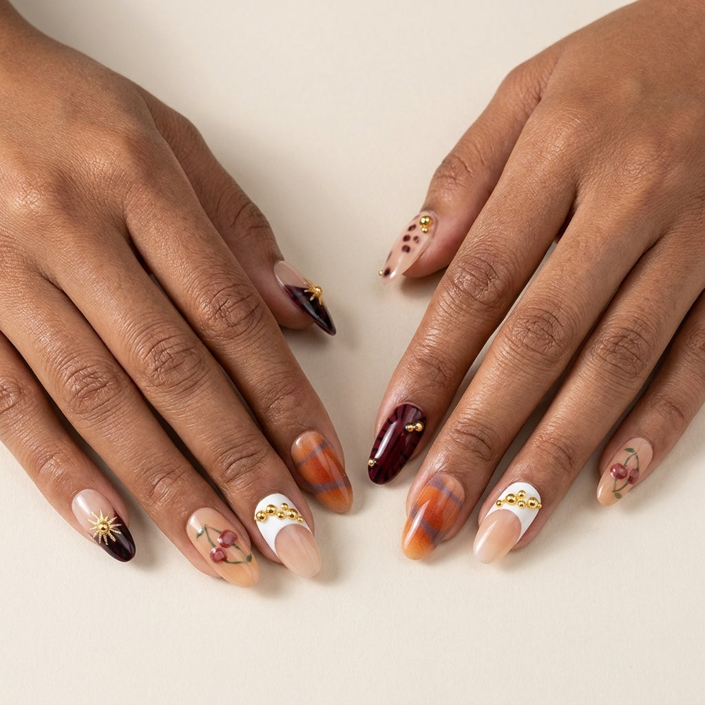 Edgy Cherry Sun Nails: Y2K Animal Print & Gold French