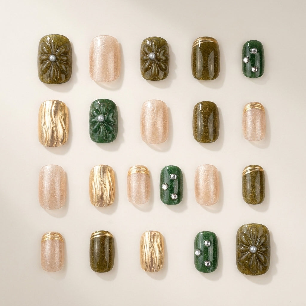 Handmade 3D Green & Gold Press-On Nails | Vintage Floral