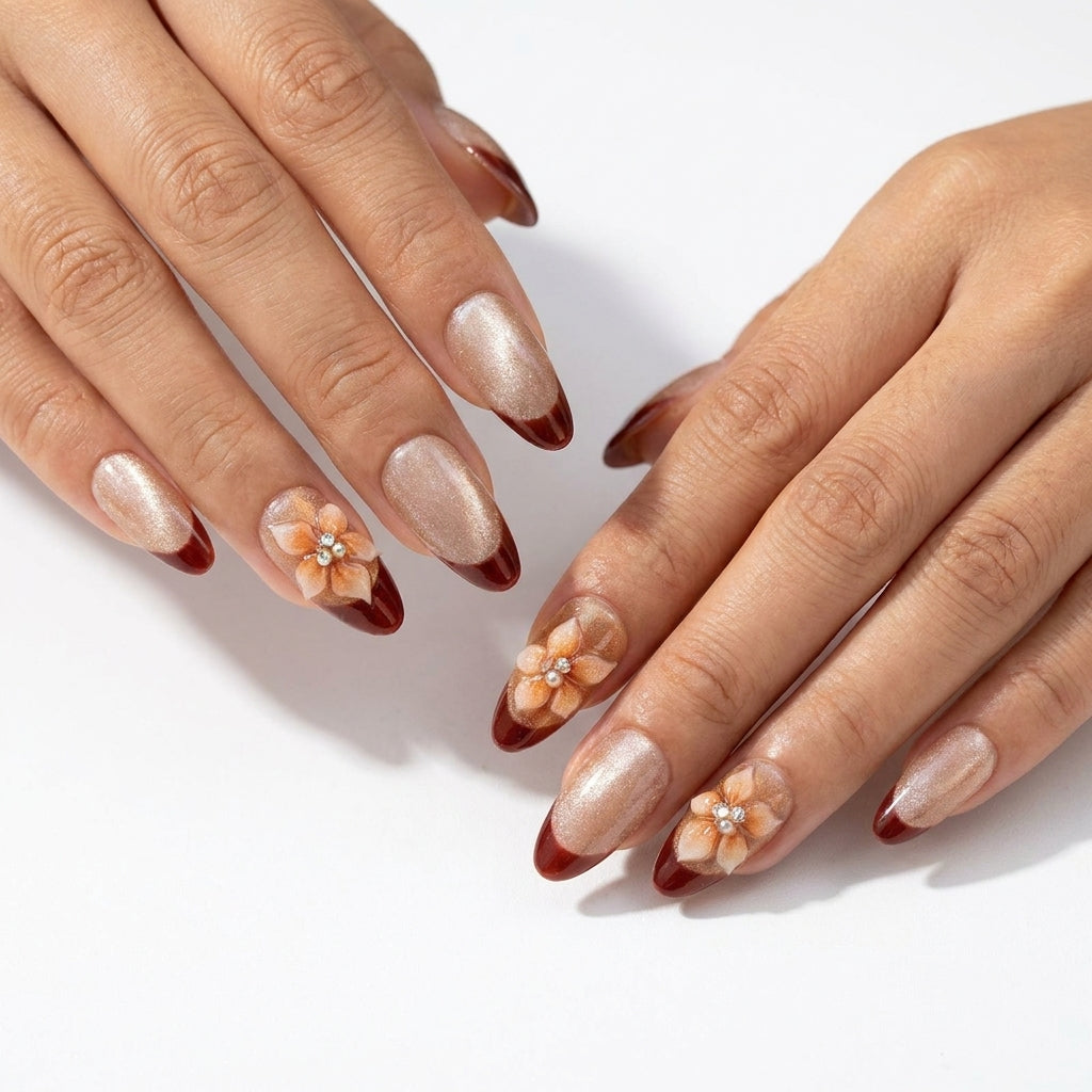 Elegant Nude Orange Floral Press-On Nails | Fall French Art
