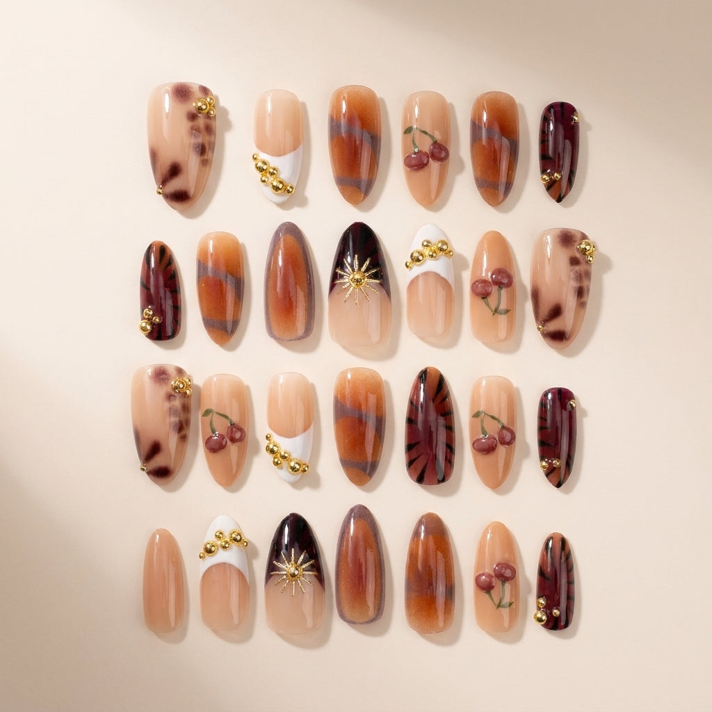 Edgy Cherry Sun Nails: Y2K Animal Print & Gold French