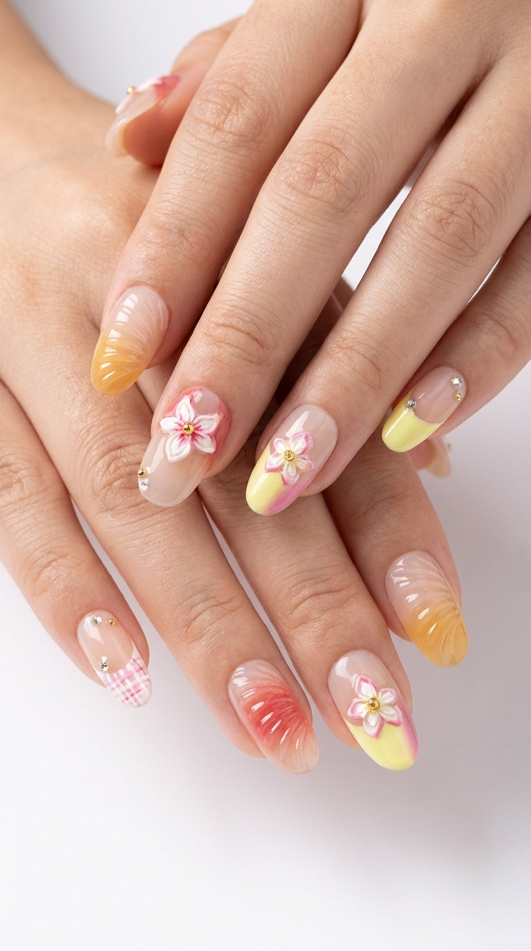 Tropical Plumeria & Shell Press-On Nails | Gold Star Beach
