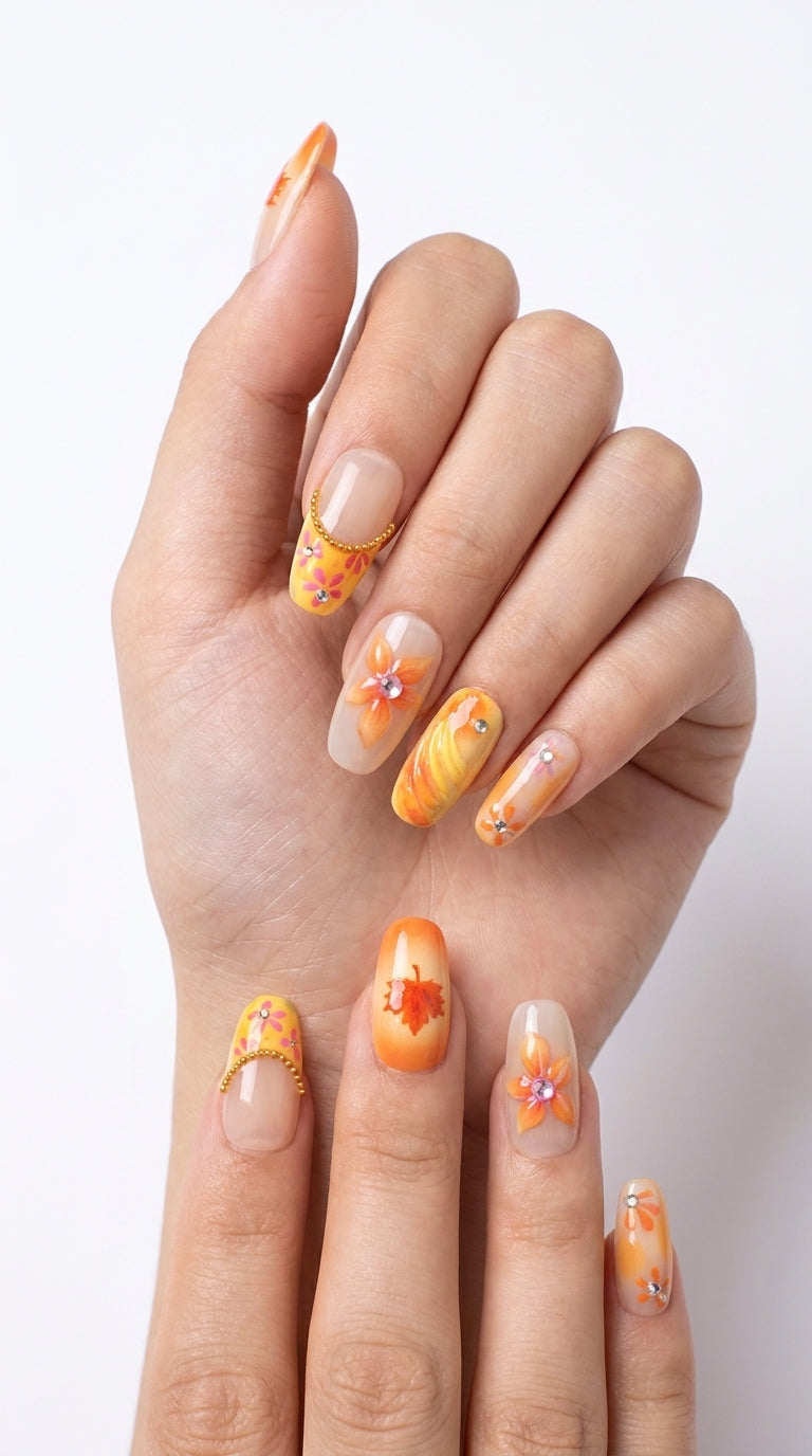 Warm Orange Fall Maple Leaf Press-On Nails | Gold Chain