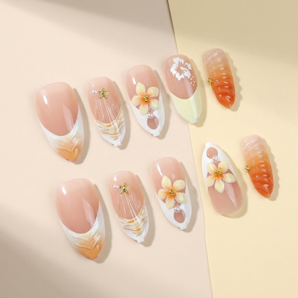 Luxury Hand-Painted 3D Flower French Tip Press-On Nails, Handmade Summer Orange Gradient Fake Nails, Reusable High-End Designer Press Ons for Women, Tropical Chic False Nails for Vacation & Daily Wear