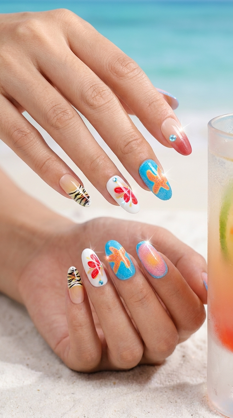 Luxury Tropical Starfish & Zebra Print Press-On Nails, Handmade Summer Ombre Fake Nails, Reusable High-End Designer Press Ons for Women, Beach Chic False Nails for Vacation & Daily Wear
