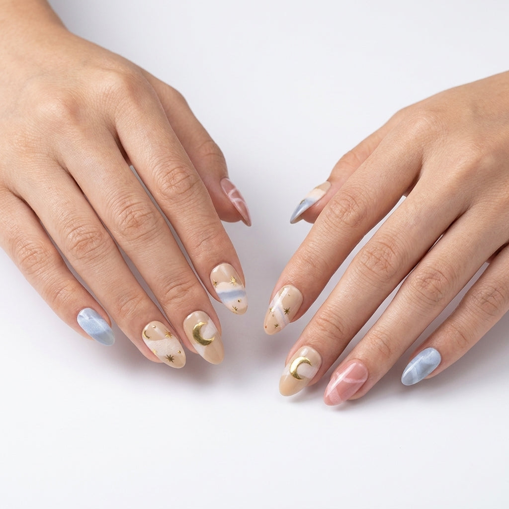Celestial Moon & Star Press-On Nails | Nude Beige Gradient