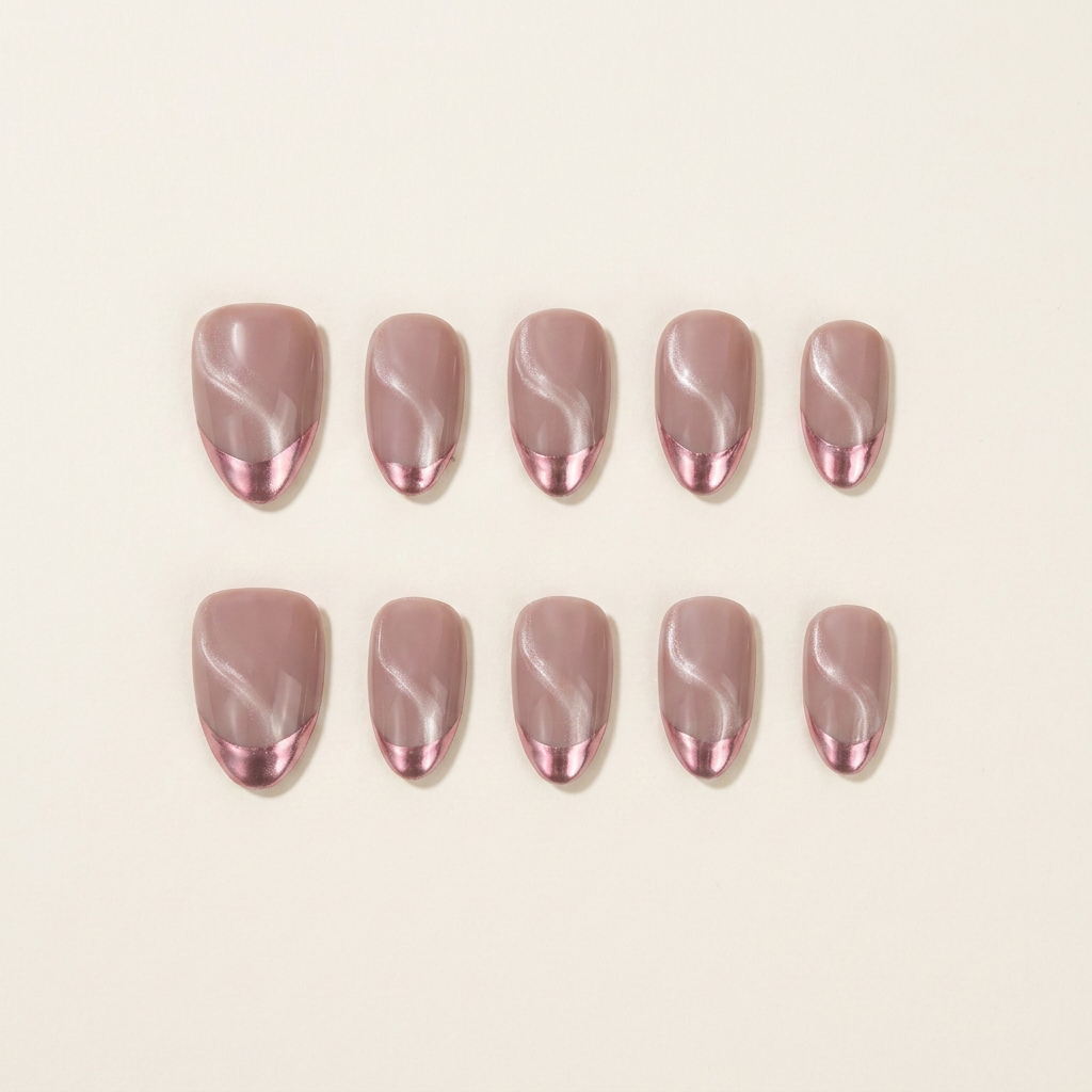 Nude Pink Cat Eye Rose Gold French Tip Press-On Nails, Minimal Glossy Reusable Fake Nails, Elegant Bridal Daily Press On Nails For Women