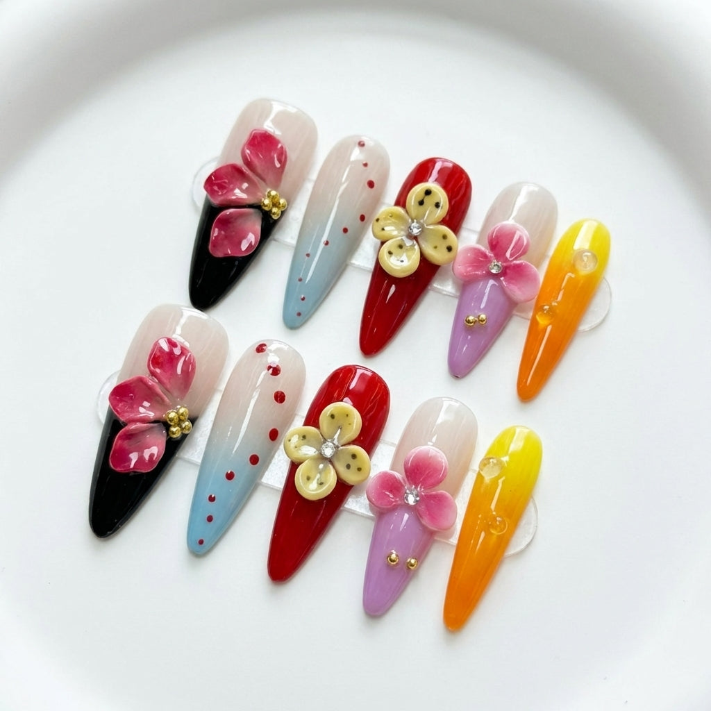 Y2K 3D Flower Stiletto Press-On Nails | Polka Dot Art