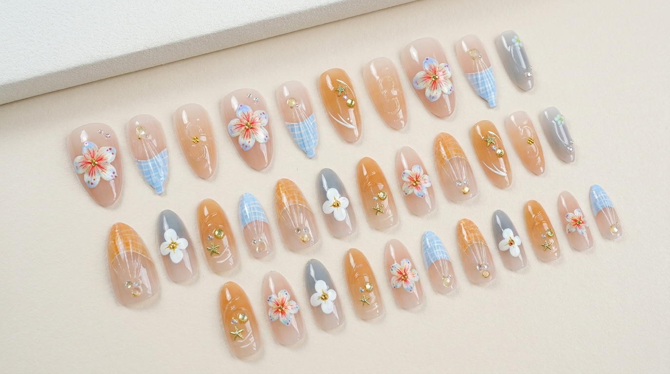 Premium Cherry Blossom Plaid Press-On Nails, Handcrafted Luxury Reusable Fake Nails, Designer Spring Floral Nail Art for US Women, Office & Bridal Shower Wear