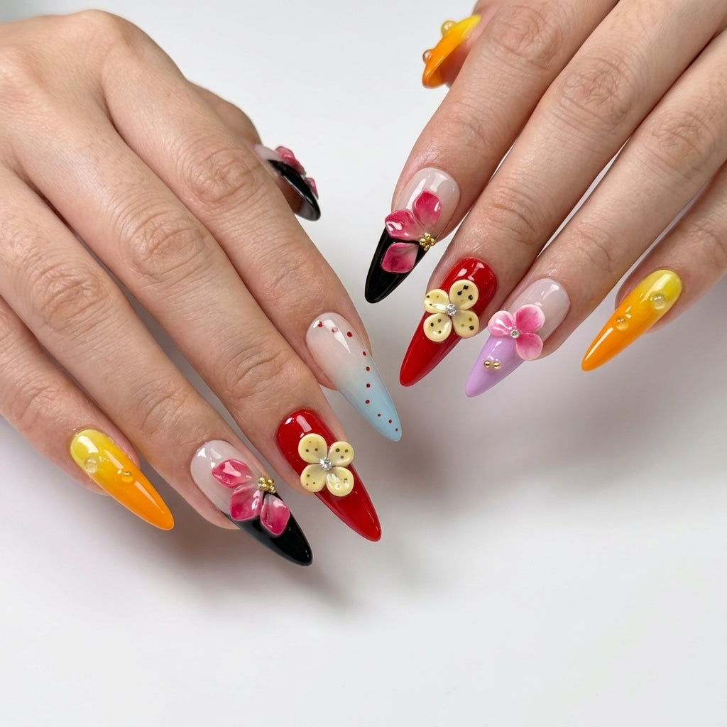Y2K 3D Flower Stiletto Press-On Nails | Polka Dot Art