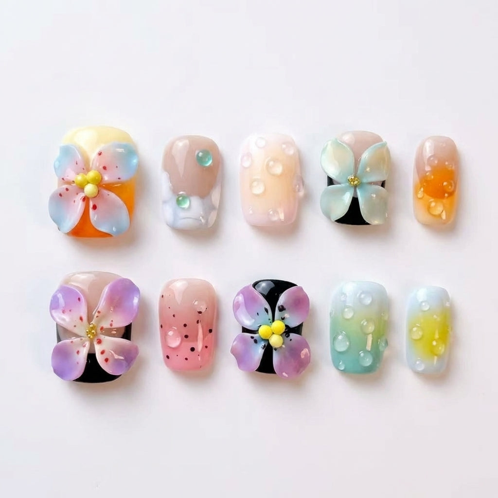 3D Jelly Flower Press-On Nails | Pastel Water Drop Art