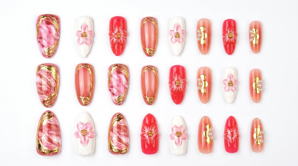 Luxury Pink Sakura Press-On Nails | Gold Edge & Marble