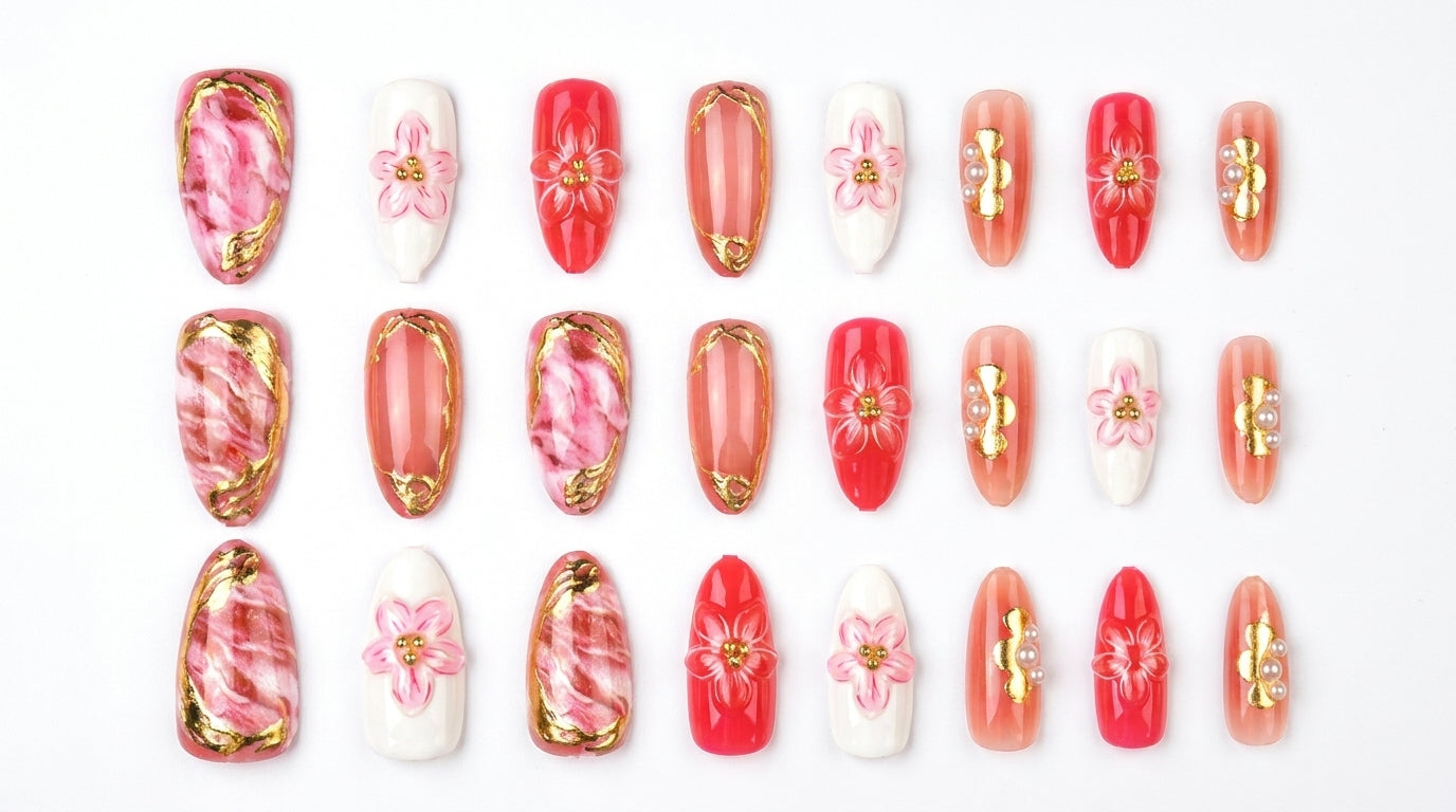 Luxury Pink Sakura Press-On Nails | Gold Edge & Marble