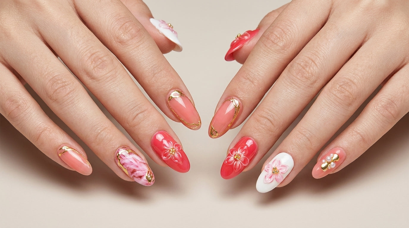 Luxury Pink Sakura Press-On Nails | Gold Edge & Marble