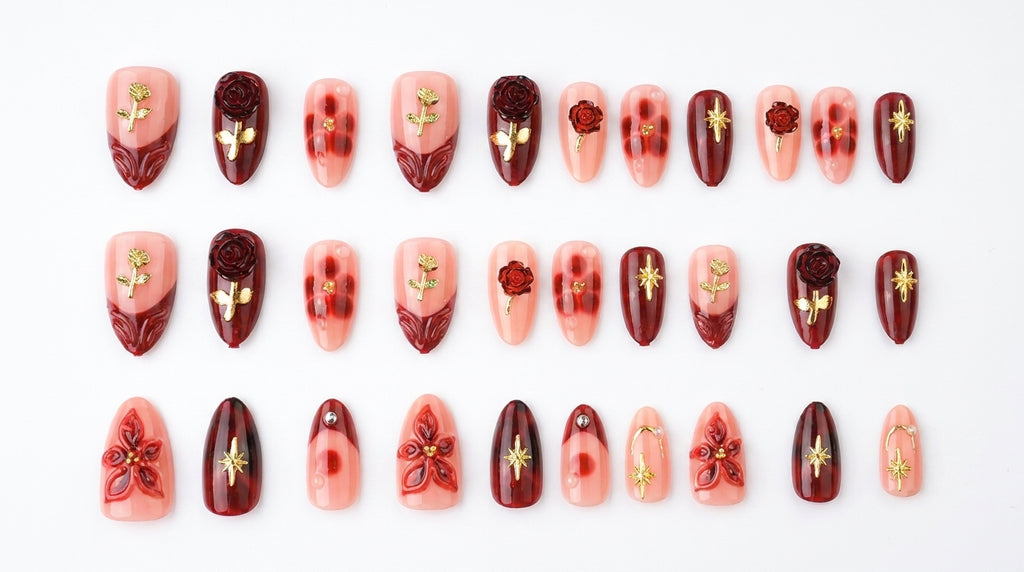 Gothic Rose Nails: Elegant Dark Red & Gold 3D Edition