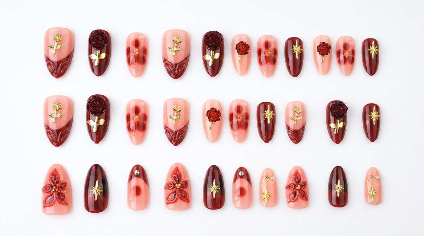 Gothic Rose Nails: Elegant Dark Red & Gold 3D Edition