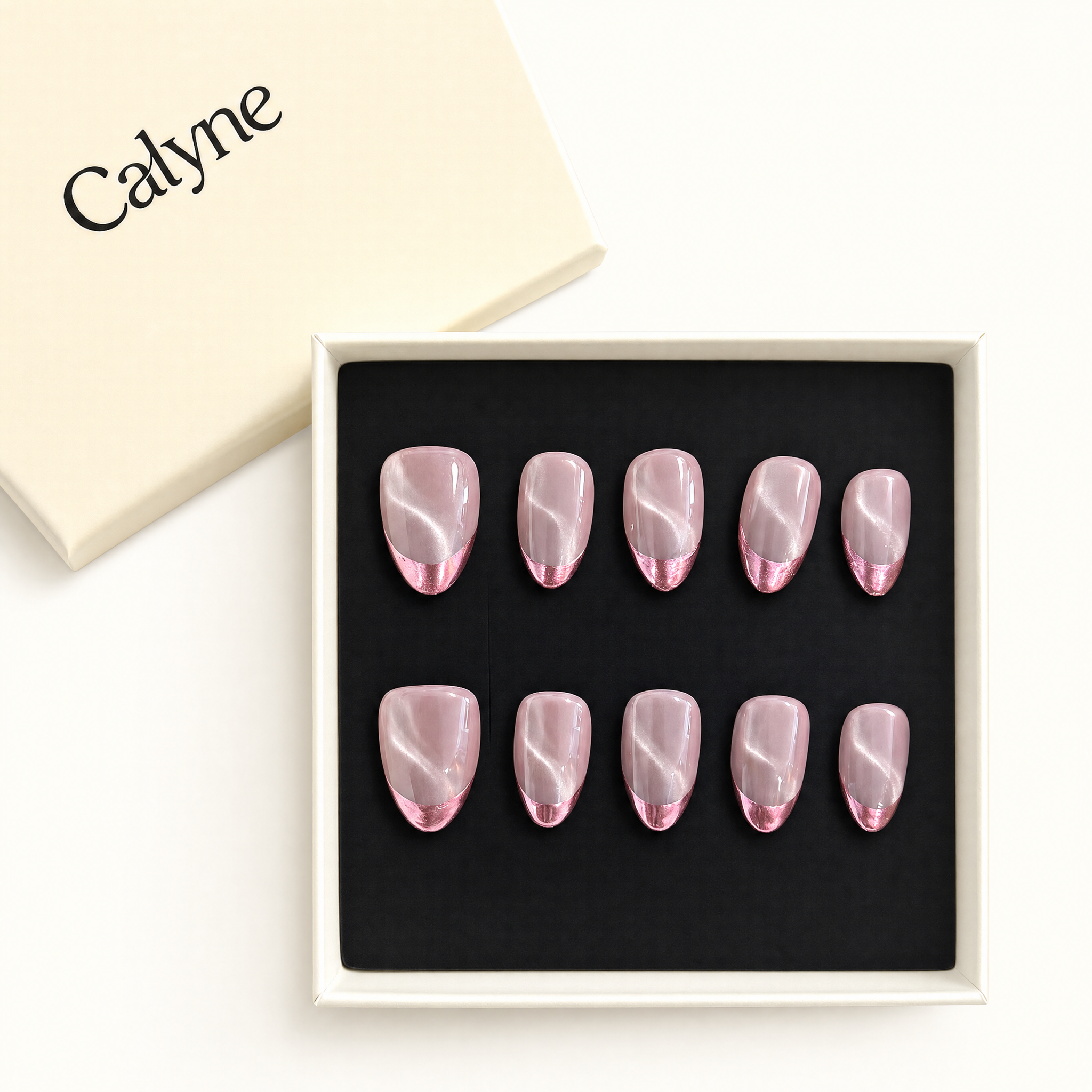 Nude Pink Cat Eye Rose Gold French Tip Press-On Nails, Minimal Glossy Reusable Fake Nails, Elegant Bridal Daily Press On Nails For Women