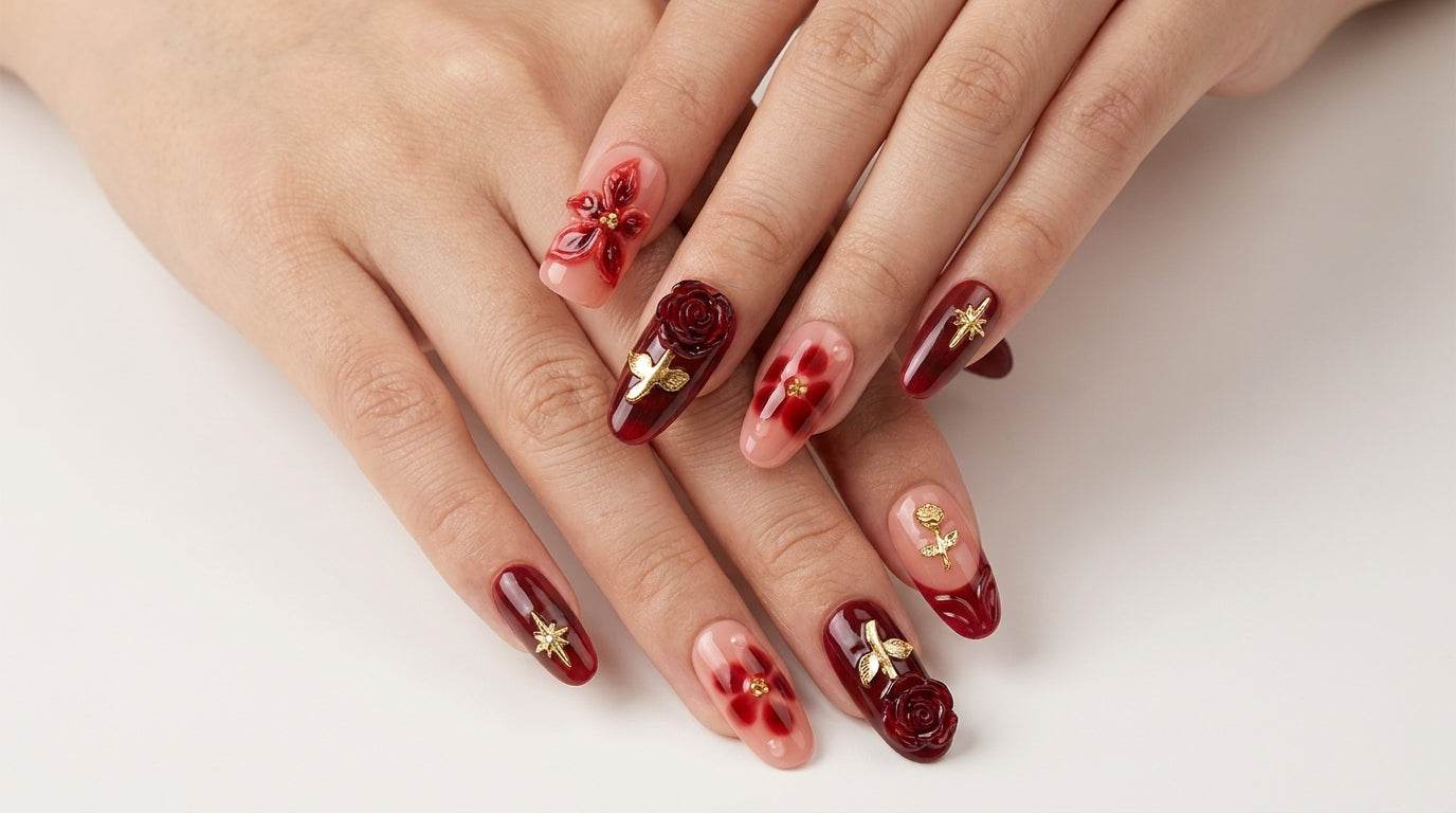 Gothic Rose Nails: Elegant Dark Red & Gold 3D Edition