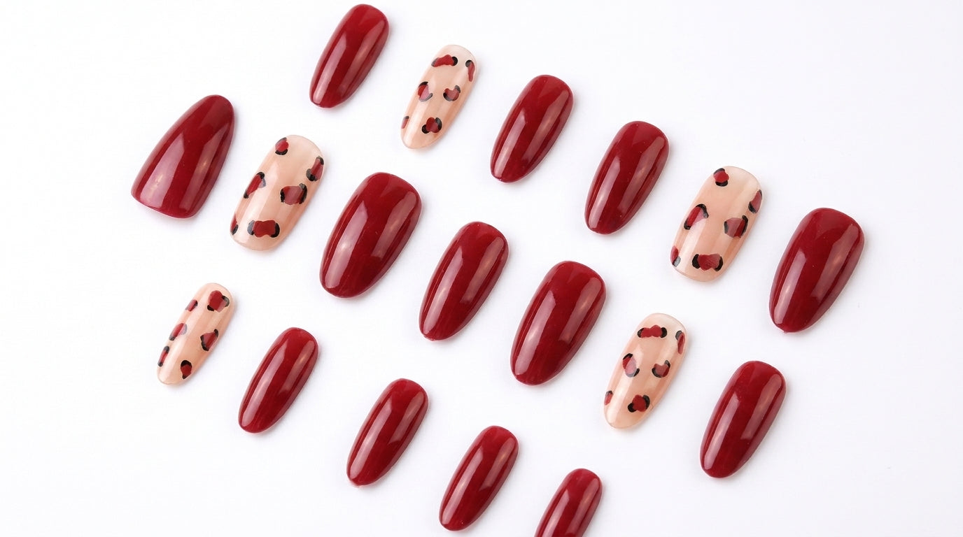 Y2K Wine Red Heart & Leopard Press-On Nails | Sheer Nude