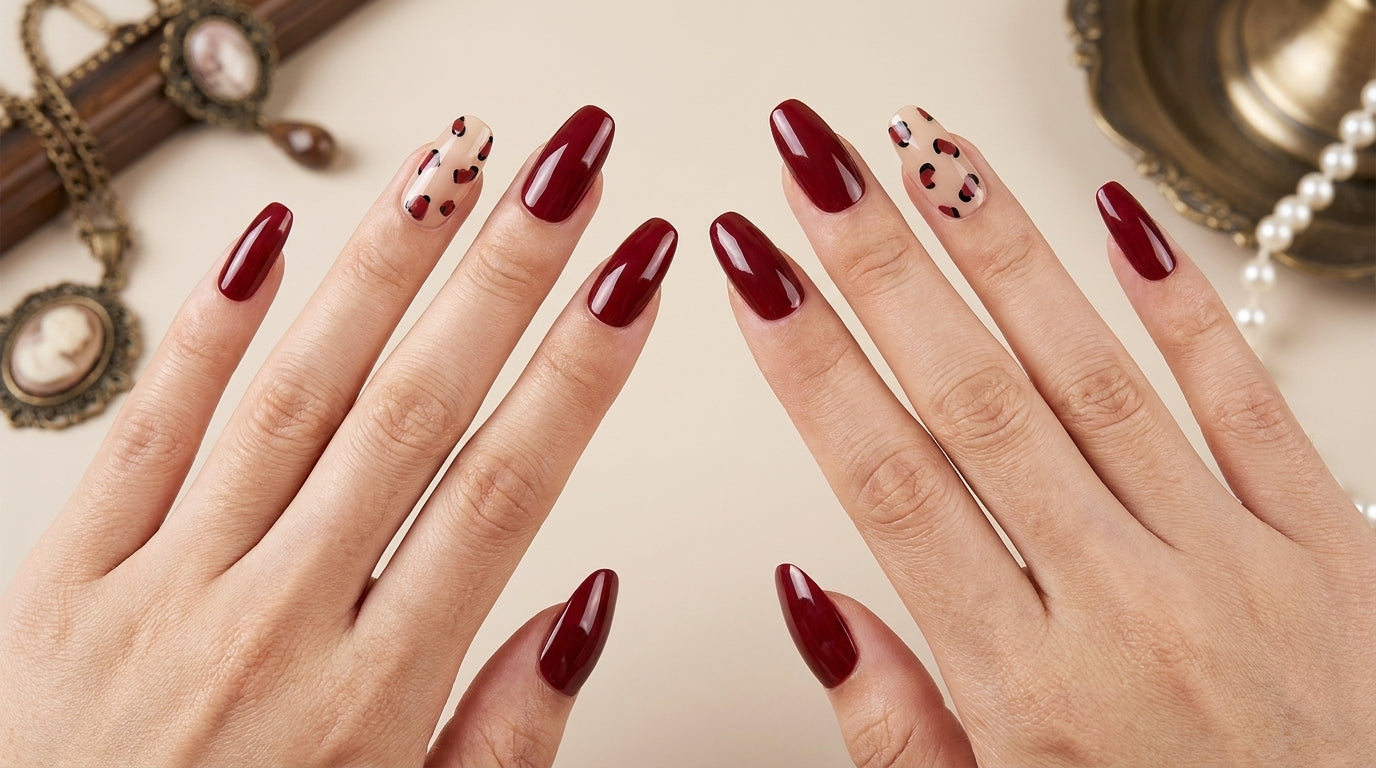Y2K Wine Red Heart & Leopard Press-On Nails | Sheer Nude