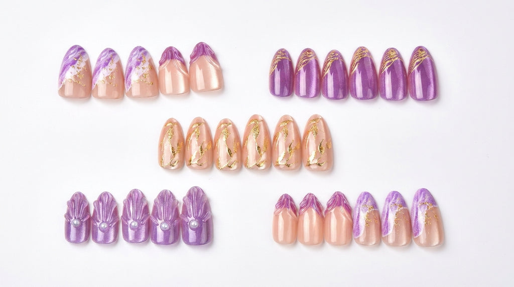 Purple Marble & Gold Foil Press-On Nails | Shell Pearl Detail