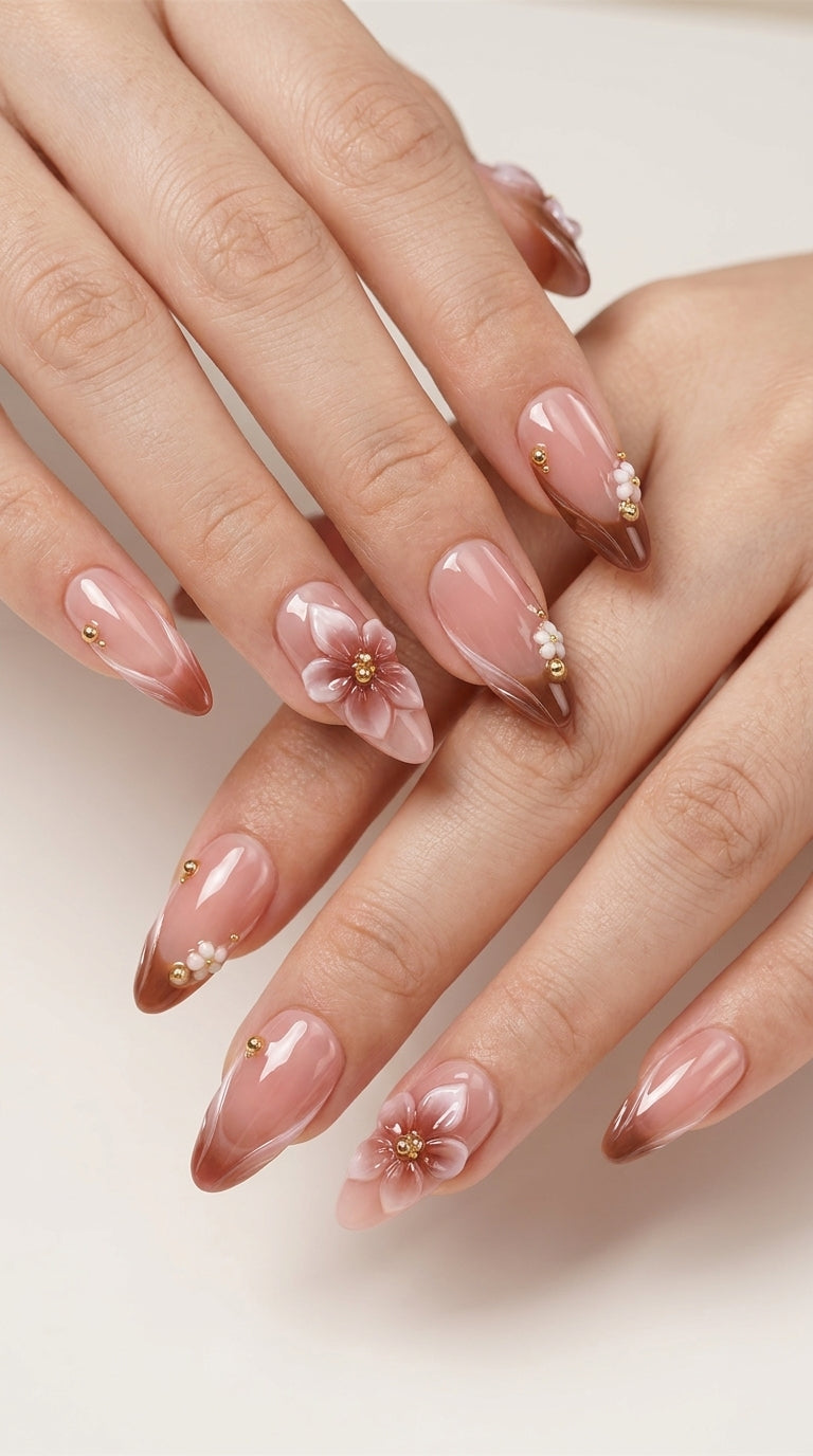Luxury 3D Nude Flower Press-On Nails, Handmade Gradient Pink Gold Accent Fake Nails, Reusable High-End Designer Press Ons for Women, Elegant Chic False Nails for Bridal & Daily Wear