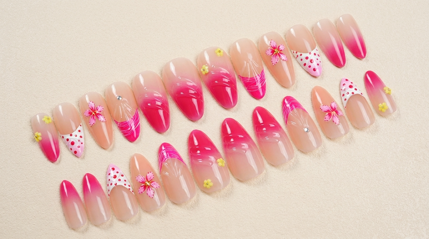 Premium Pink Gradient Cherry Blossom Press-On Nails, Handcrafted Luxury Reusable Fake Nails, Designer Feminine Nail Art for US Women, Bridal Shower & Office Wear