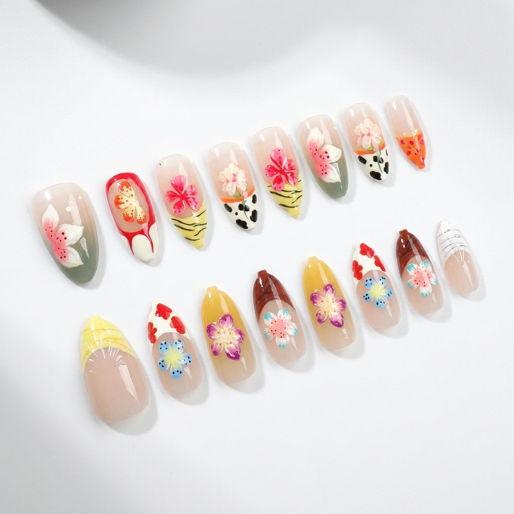 Luxury Hand-Painted Mixed Fruit & Flower Press-On Nails, Handmade Summer Fruits Floral Fake Nails, Reusable High-End Designer Press Ons for Women, Playful Chic False Nails for Vacation & Daily Wear