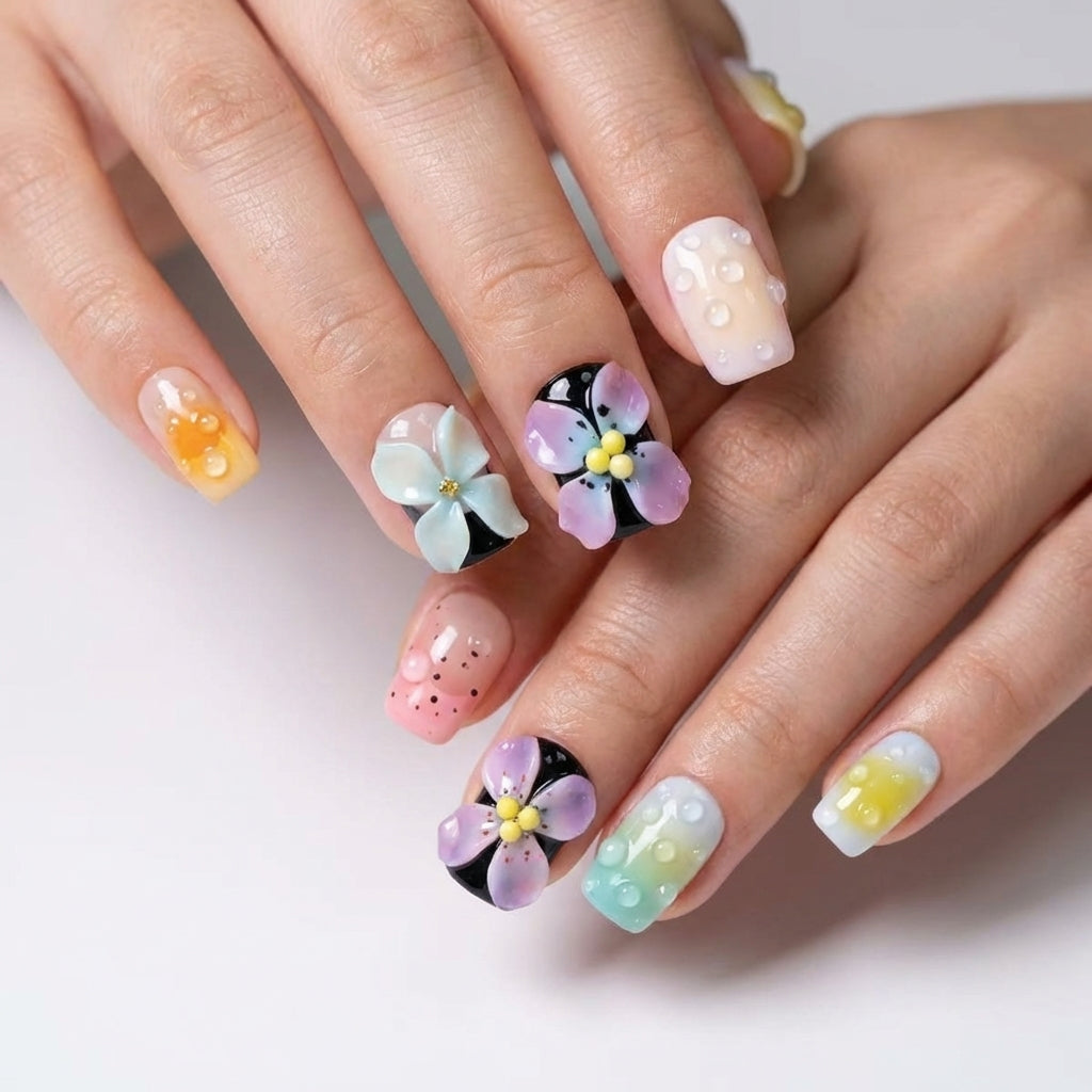 3D Jelly Flower Press-On Nails | Pastel Water Drop Art