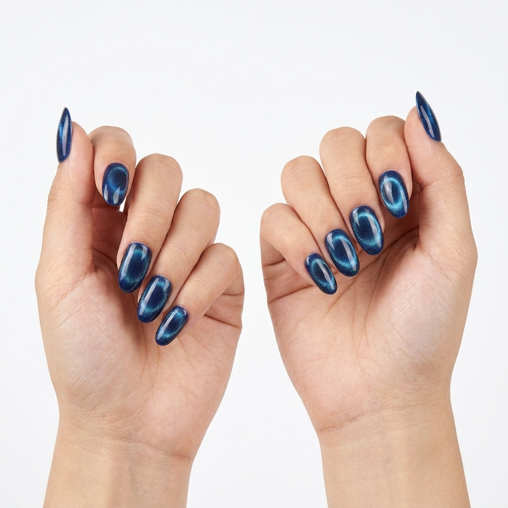 Matte Deep Blue Cat Eye Press-On Nails | Elegant Gradient